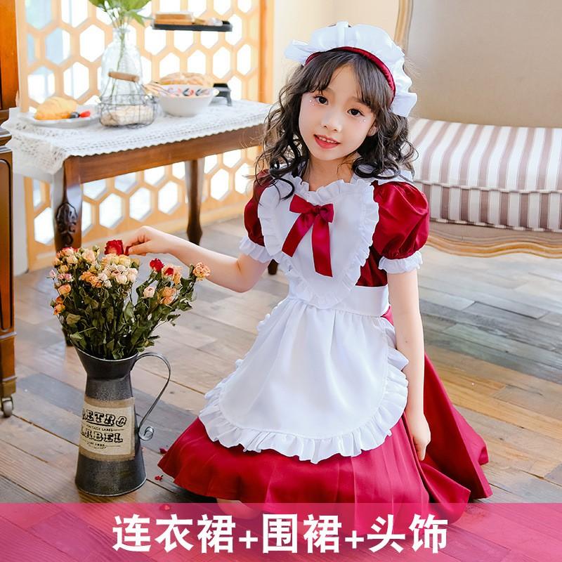 Kids Girl Black Maid Costume Dress Set Lolita Style Princess Outfit Dance Performance Party