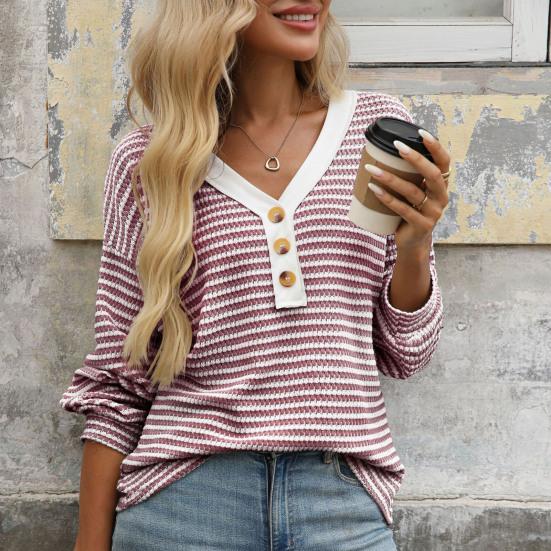 Women T-shirt V-neck Long Sleeve Buttons Half Closure Pullover Tops Color Block Splicing Design Casual Tops Daily Wear