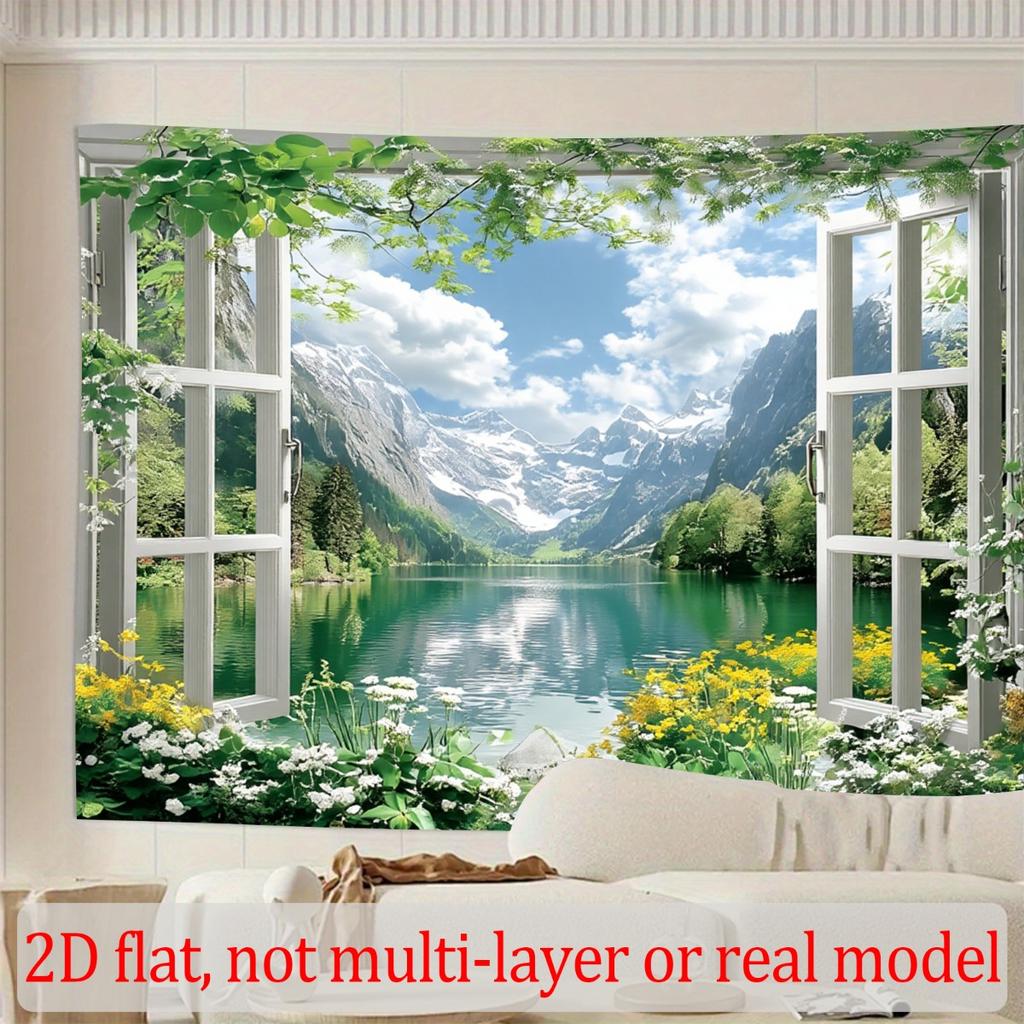 1Pc Mountain Lake Window View Tapestry Wall Hanging, Decorative Fabric Poster for Bedroom, Living Room, Dorm & Home Decor