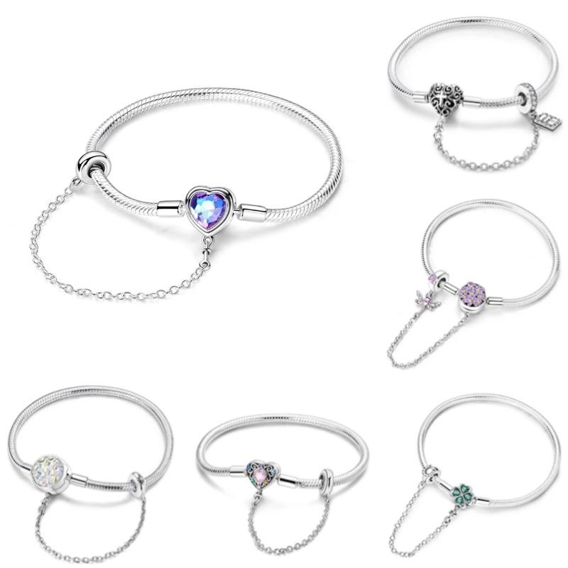Love Heart Safety Chain Bracelet 925 Silver Original Bracelet Clover Snake Chain for DIY Charms 17-20CM Wedding Jewelry Gift