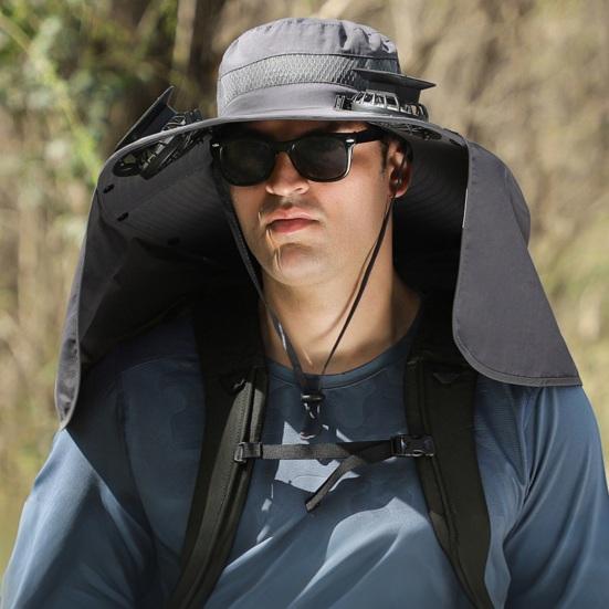 Bucket Hat Lightweight Breathable Water-Repellent Fabric Hiking Hat Adjustable Chin Cord Foldable Neck Guard Sun Hat with 2 Fans