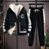 Winter Fleece Thicken Casual Tracksuit Sets Trend Hooded Patchwork Set Autumn Warm Sportswear Jacket Trousers Suits