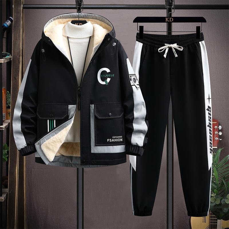 Winter Fleece Thicken Casual Tracksuit Sets Trend Hooded Patchwork Set Autumn Warm Sportswear Jacket Trousers Suits