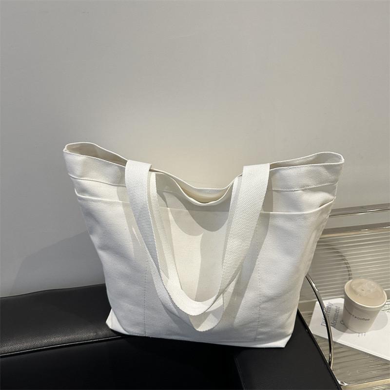 Large Capacity Minimalist Korean Style Solid Color Canvas Tote Bag For Women In Black And White