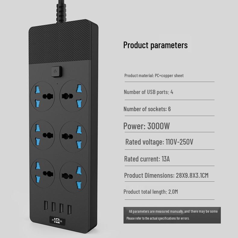 5m 6-Outlet Power Strip with Switch and USB Ports
