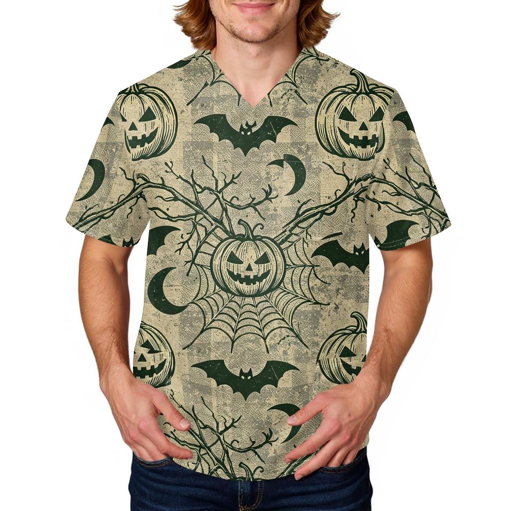 Men's Halloween Print Medical Scrub Top V Neck Pocket Comfortable Fit Daily Workwear for Healthcare Professionals
