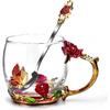 Glas Kaffee Emaille Tasse Beste Geschenke für Mama Frauen Schmetterling Rose Bleifrei Strumpffüller für Frau Rote Teetasse mit Löffel