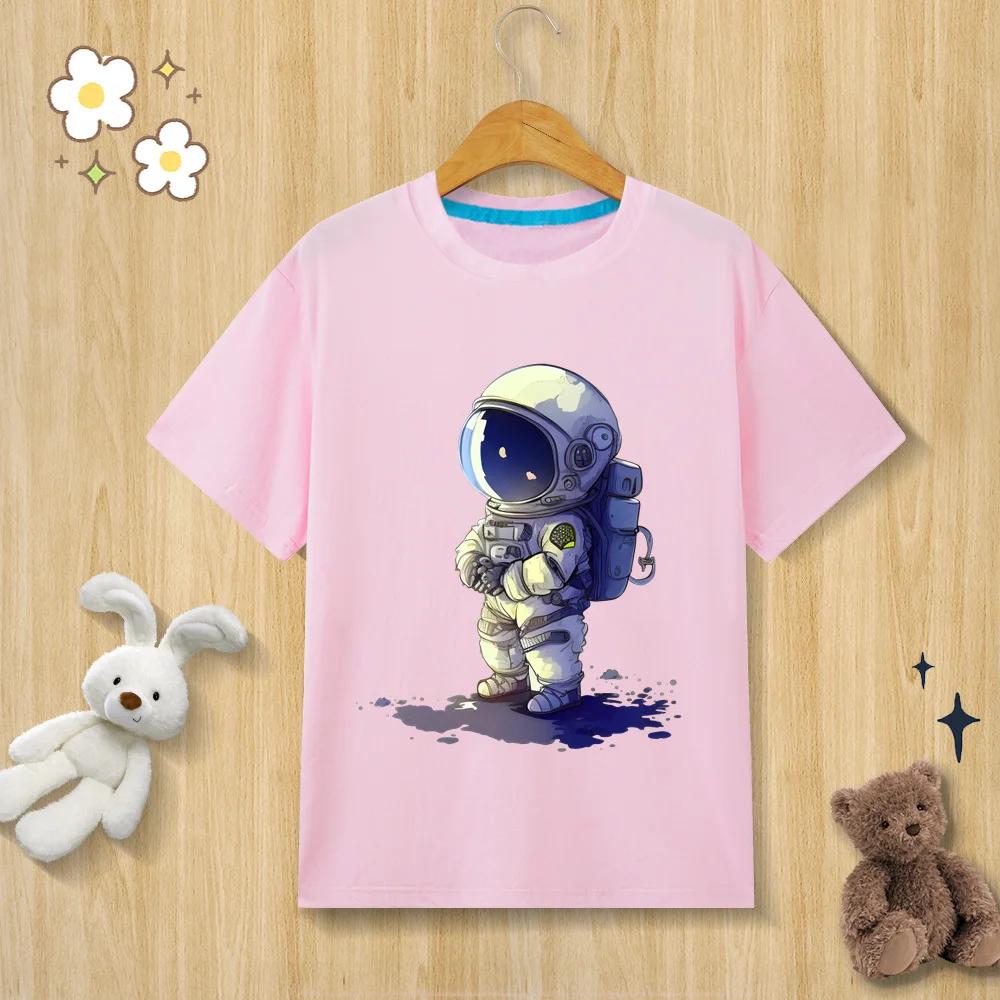 Childrens Pure Cotton Tshirt Astronaut Print Tshirt Oneck Short Sleeve Kids Clothes Boys Clothes Girls Clothes 100