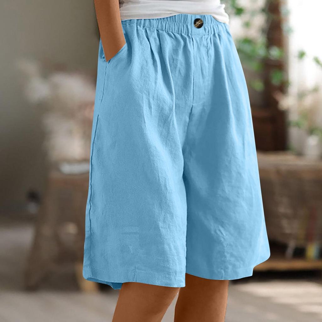 Pantaloni da donna a tinta unita con tasche, bottoni alla moda, pinocchietti, cotone e lino, pantaloncini larghi con elastico in vita