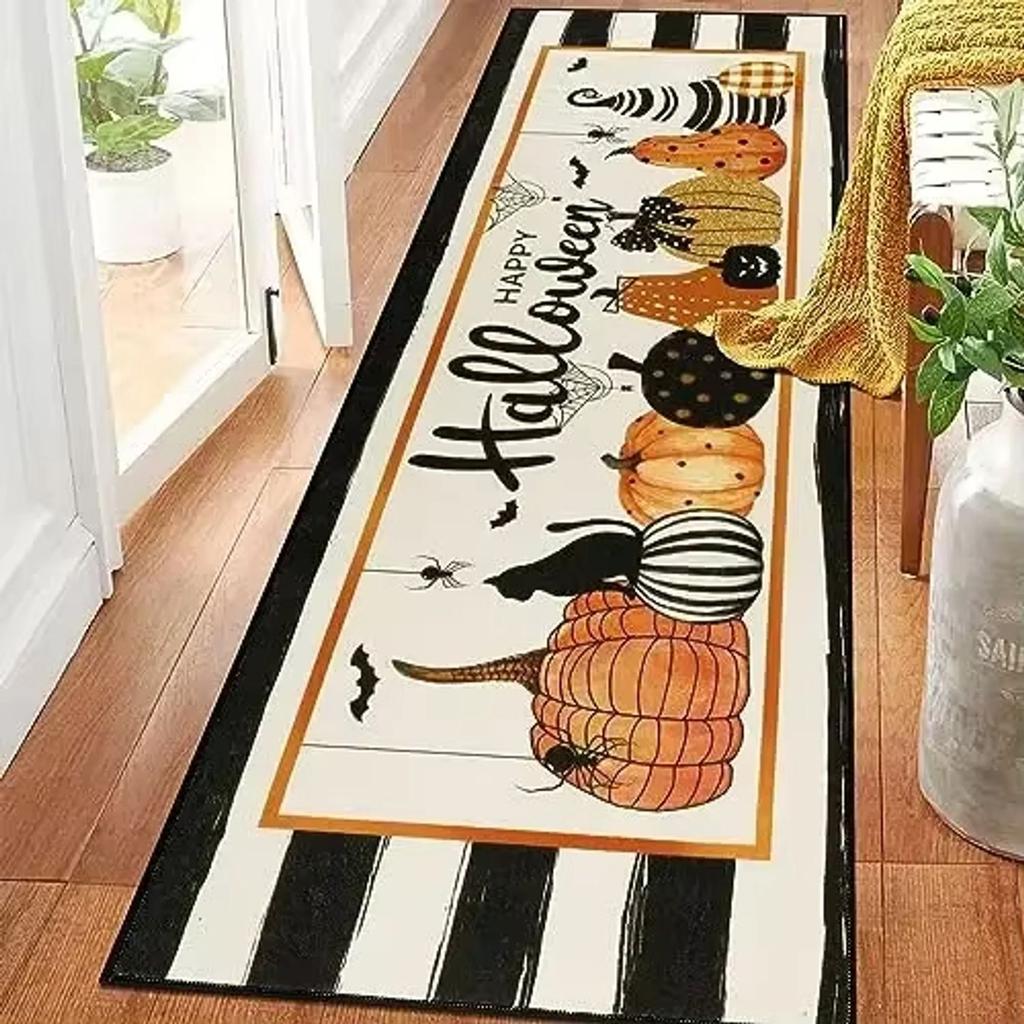 Halloween Kitchen Runner Rug Horror Pumpkin Print Non-Slip Waterproof Carpet Spooky Creepy Laundry Room Decor Ghost Print Mat