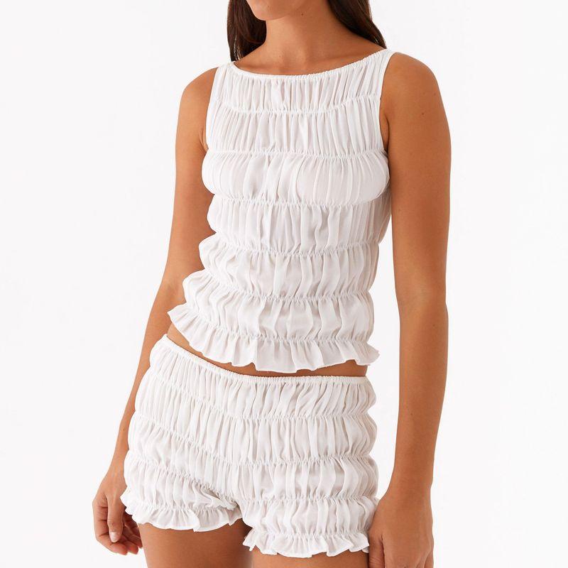 

European and American Women clothes Casual All-matching Vacation Seaside Sleeve Navel Curling Pleat Vest Shorts Set White S