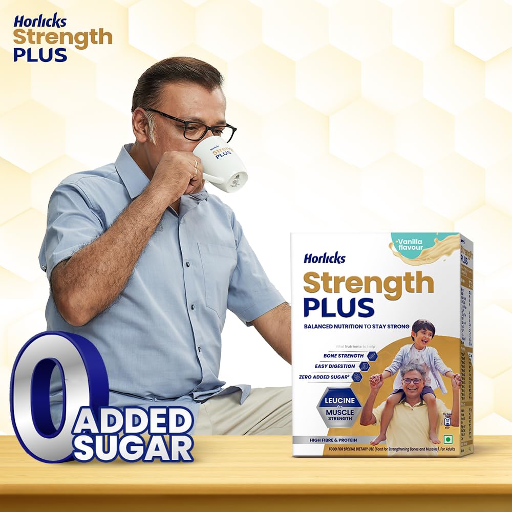 Horlicks Strength Plus Vanilla Powder 350g High Protein High Fibre Balanced Nutrition for Adults