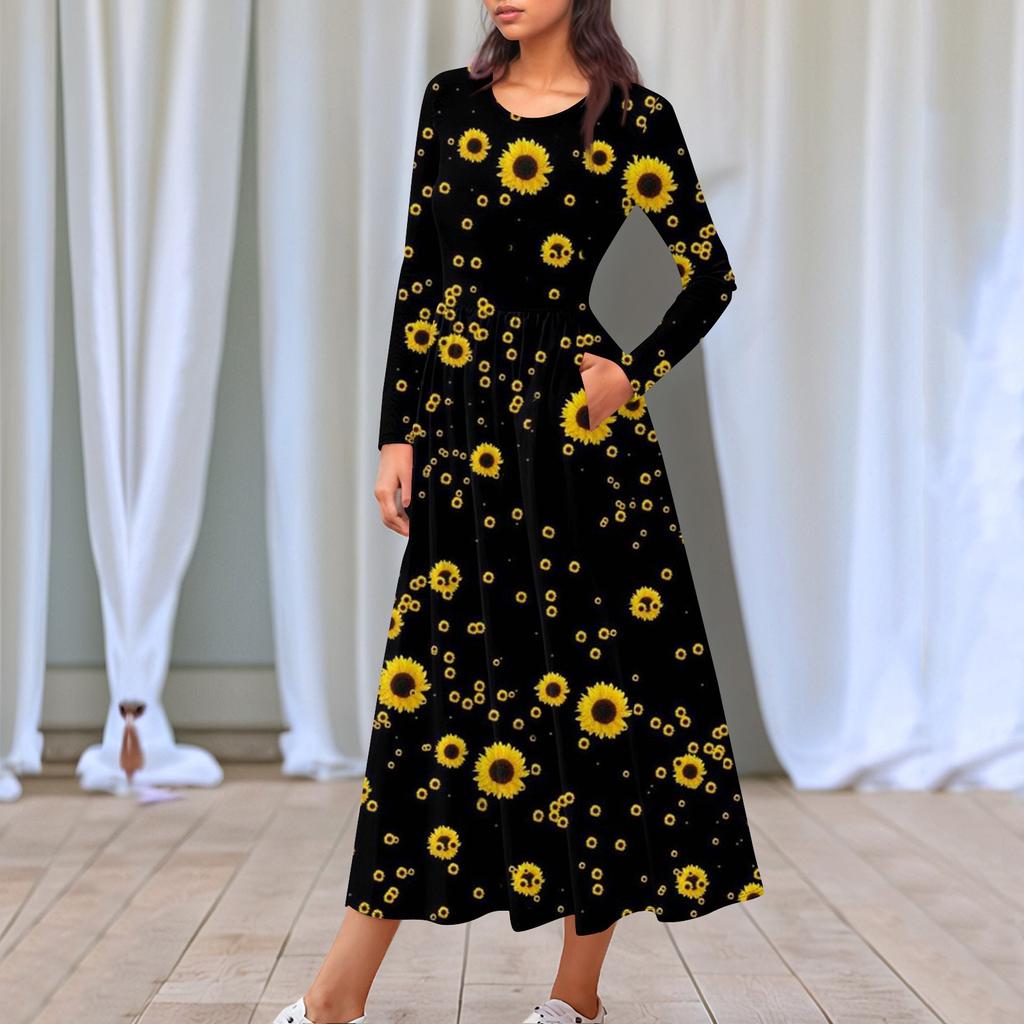 Dámské květinové šaty midi boho s přechodovým potiskem ležérní šaty s dlouhým rukávem splývavé, splývavé šaty s svátečními šaty do kapsy pro ženy