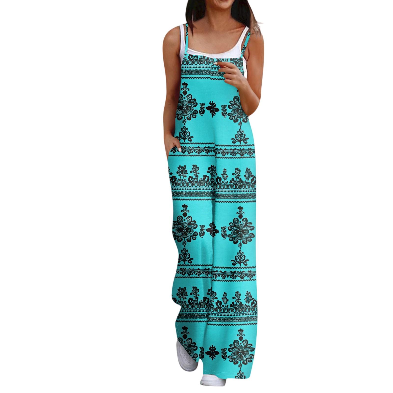 

Широкий комбинезон для женщин, повседневный свободный комбинезон без рукавов с принтом и пуговицами, длинные брюки, комбинезон с карманами S циан