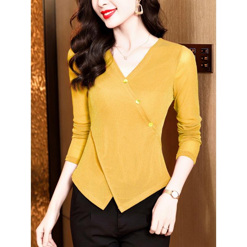 

Базовая рубашка для женщин, сетчатая футболка с длинным рукавом, топ с V-образным вырезом, яркая шелковая модная нестандартная тонкая рубашка M жёлтый