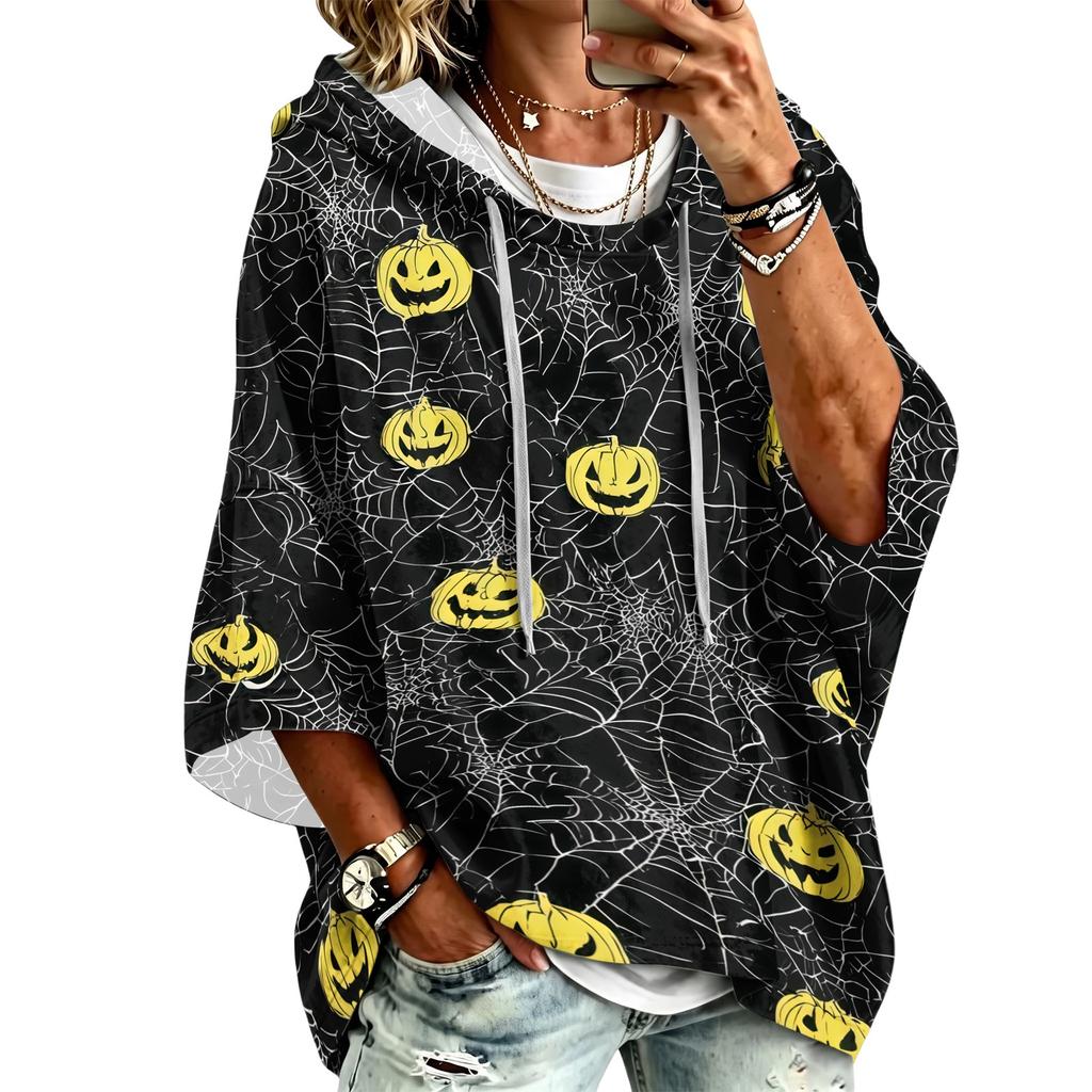 Women's Three-Quarter Sleeve Hoodie with Halloween Print Pullover Top