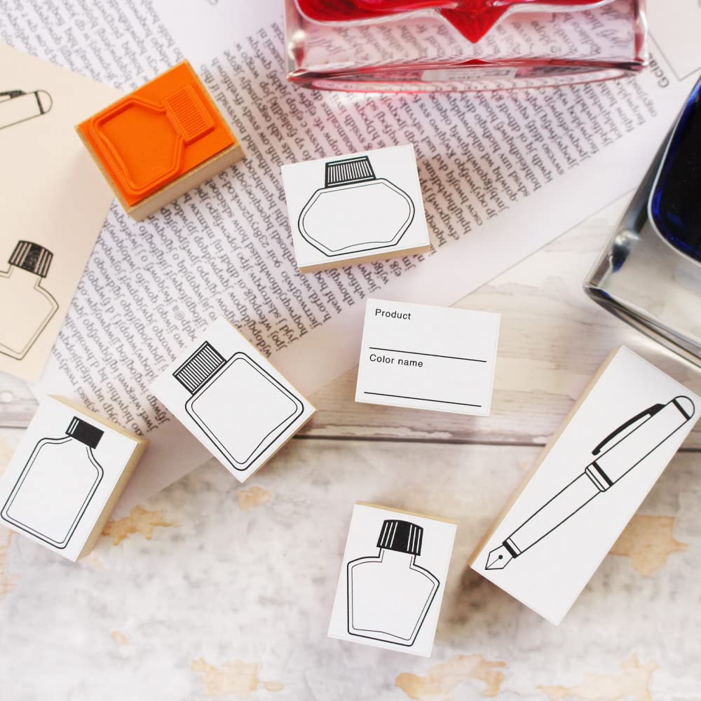 Fountain Cute Wooden Stamp Color Stylish Letter Sticky Made In Japan Pen, Ink, Stamp, Set, Swatches, List, Cards, Paper, Notes, Stationery, Gift,