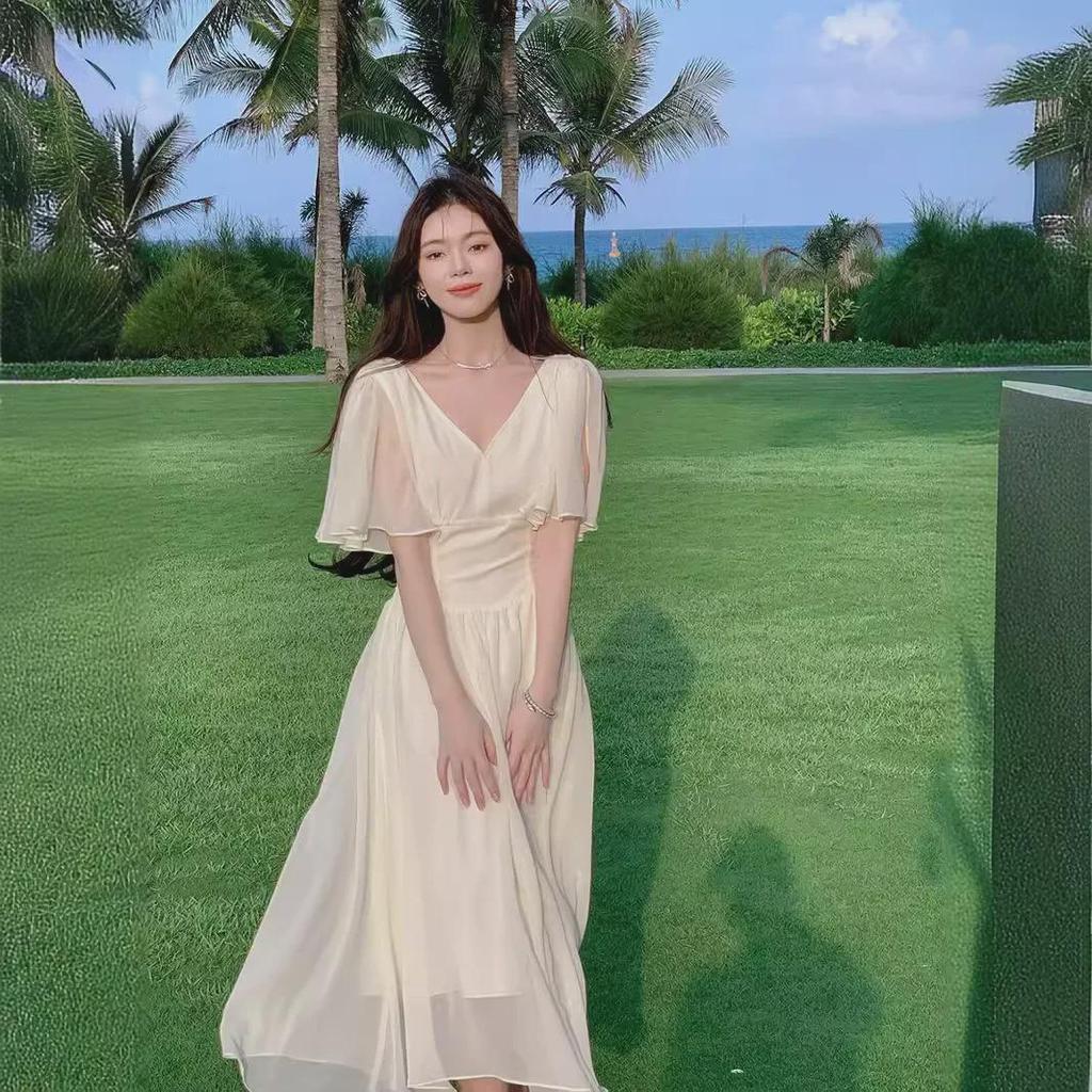 2024 Damen Hochwertiges Hellaprikosenfarbenes Chiffon-Trägerkleid mit V-Ausschnitt, Überknielang