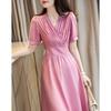 Demana Elegant Seersucker Pleated V-Neck Puff Sleeve Midi Dress
