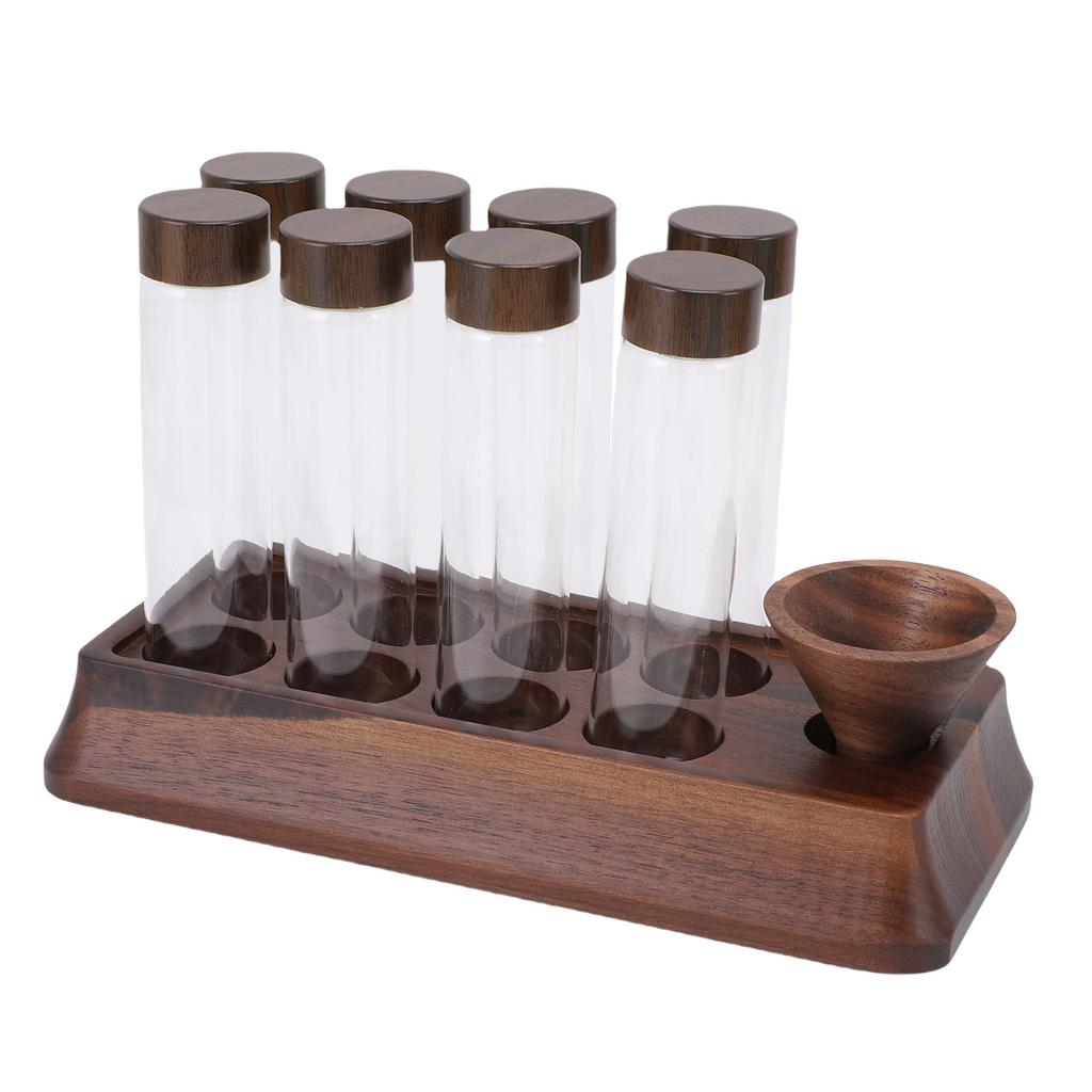 Kaffeebohnen Aufbewahrungsröhrchen mit Walnuss Holzständer Luftdicht 8 Stück Röhrchen Glas Dosier Kaffeebohnen Keller für Zuhause Geschäft Bar