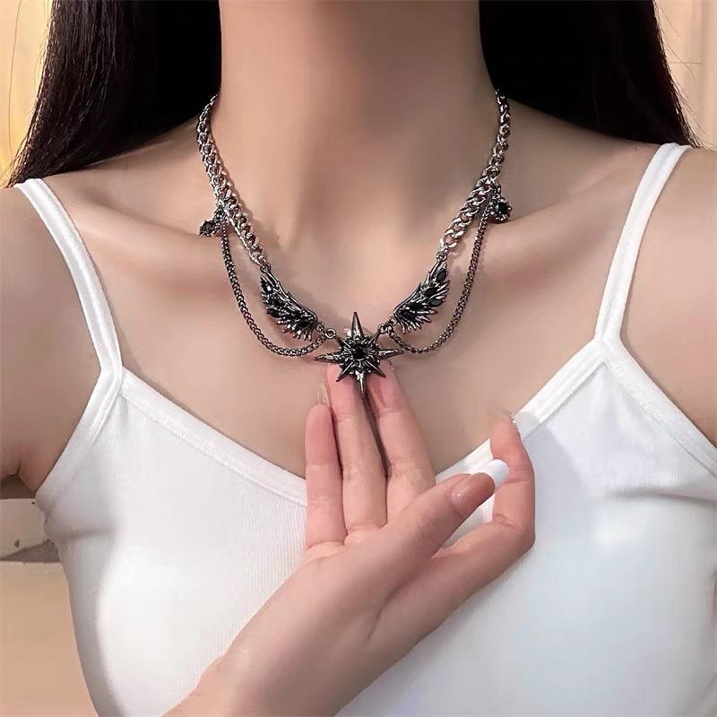 Dark Wind Wings Star Gemstone Necklace Sweater Chain Sun Necklace Pendant 60CM(Necklace Long)