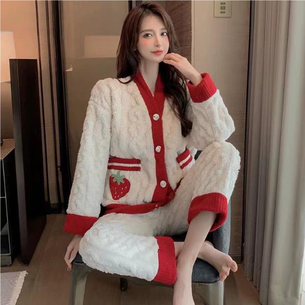 

Утолщенная теплая пижама розового персиково-кораллового цвета, бархатный женский домашний костюм, осенне-зимний женский кардиган, комплект из двух предметов, пижама XL красный