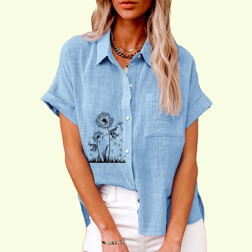 

Женская модная футболка с цветочным принтом, летний повседневный топ с карманом, осенняя свободная футболка с коротким рукавом, женские повседневные льняные блузки 5XL светло-синий