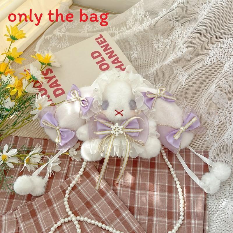 Plush Rabbit Lolita Shoulder Bag With Lace Bow Design And Faux Pearl Shoulder Strap For Daily Use