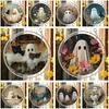 Durable Acrylic Halloween Suncatcher Jigsaw Puzzle Set, Spooky Ghost Floral Meadow Window Hanging Ornament with Metal Porch Decoration Frame & Chain,