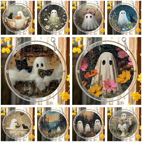 Durable Acrylic Halloween Suncatcher Jigsaw Puzzle Set, Spooky Ghost Floral Meadow Window Hanging Ornament with Metal Porch Decoration Frame & Chain,