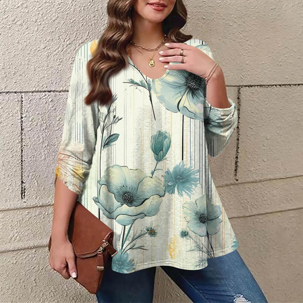 Women's Plus Size Fashion Printed Casual Pleated Round Neck Long Sleeve Top