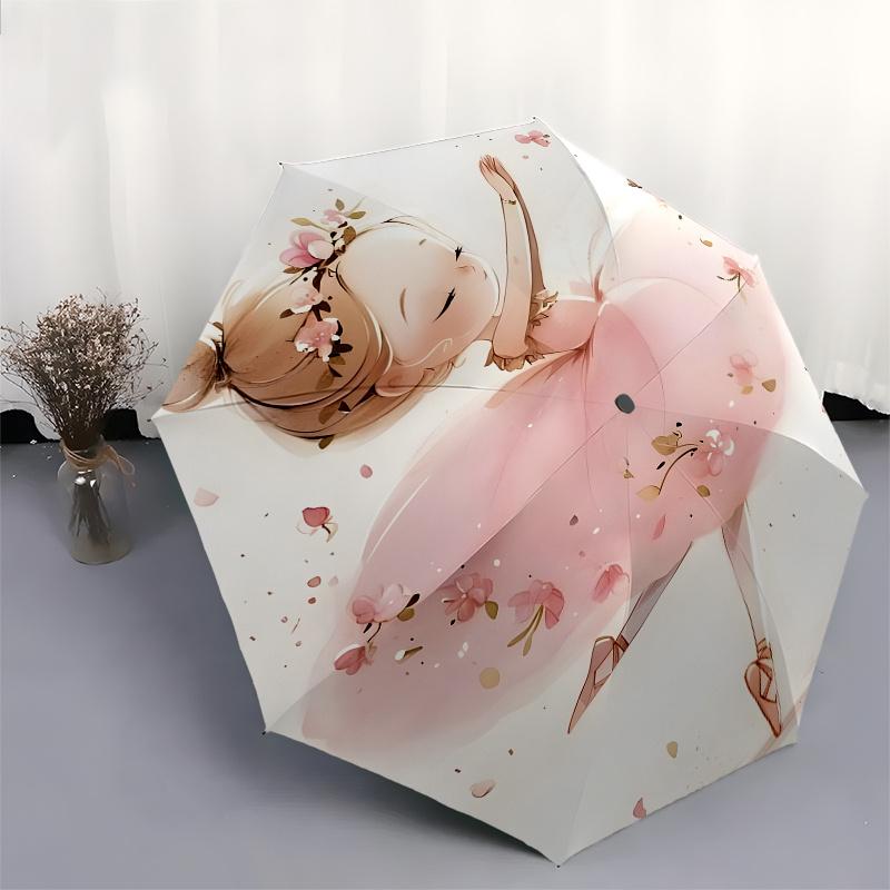 Ballerina, Flowers Automatic Folding Umbrella  Simple Eight Rib Design, Bright Color Pattern, Durable Iron Frame, Ideal for Travel and Outdo