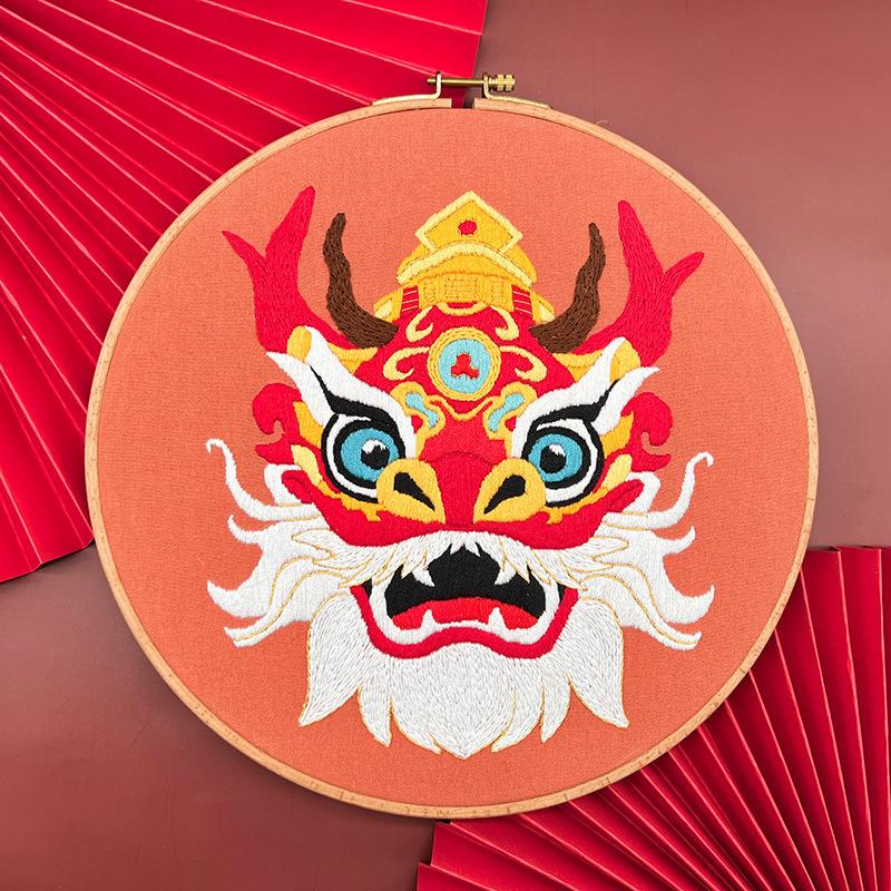 Dragon Year Head Embroidery DIY Material Kit Handmade Rustic Embroidery Wall Hanging Needlework Kit for Beginners