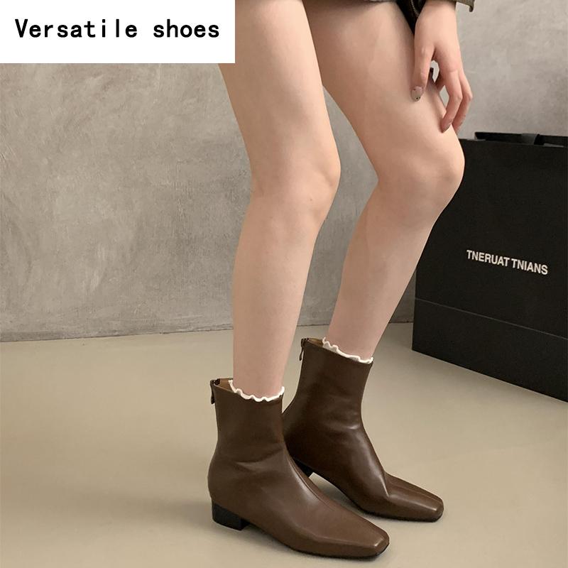 Vintage Square Toe Women Ankle Boots Fashion Elegant Soft Leather Shoes Autumn Thick Heel Laides Modern Short Booties