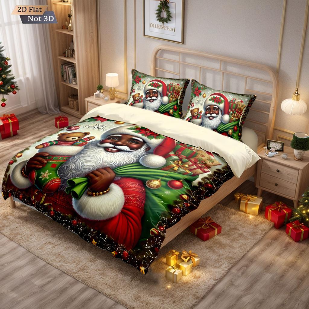 3pcs Cartoon Santa Claus Printed Chipless Duvet Set, Multi Size Bedroom Dormitory Holiday Bedding Decoration, Machine Washable