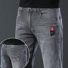 Jeans alla moda da uomo, pantaloni dritti grigi a vita media, pantaloni in denim
