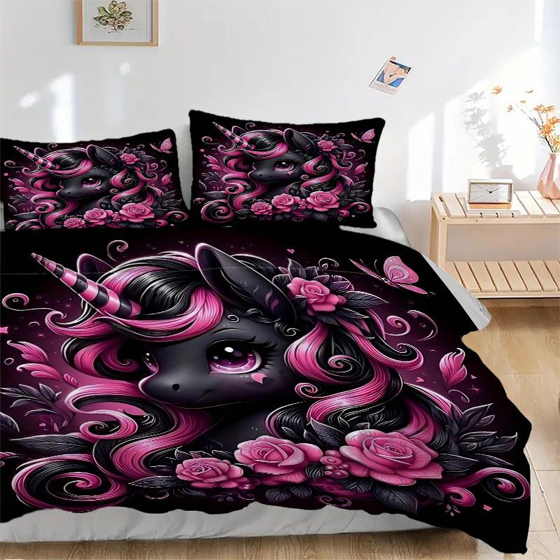 3pcs Noble Black Unicorn Printed Duvet Cover Set (1 * Cover+2 * Pillowcase, Without Core), Suitable for Home Bedroom, Guest Room, Dormitory Decor