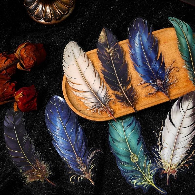 5Pcs Retro Feather PET Sticker Aesthetic Decorative Sticker For Journal Photo Album Scrapbooking Phone Case Wrapping