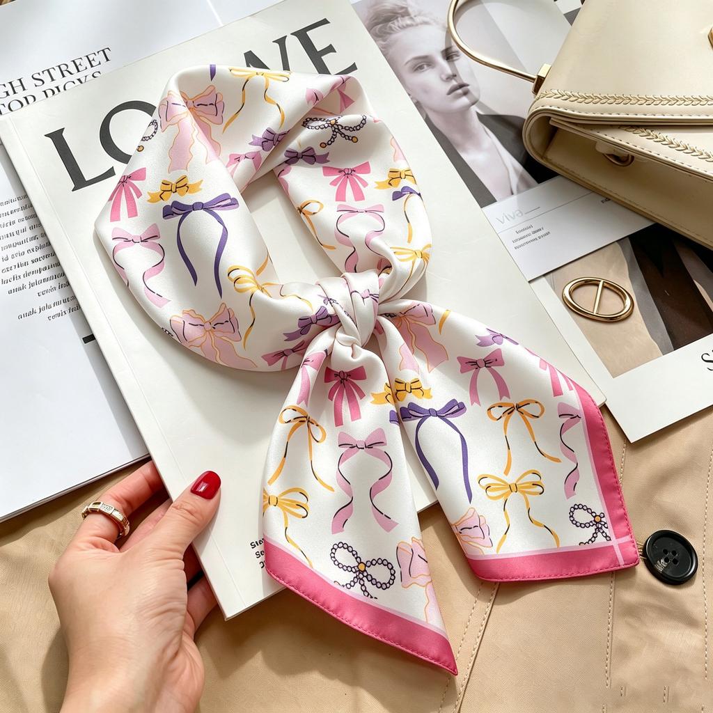 Commuter elegant flower silk scarf women's contrasting color retro printing satin scarf shirt with multi-purpose decorative small scarf