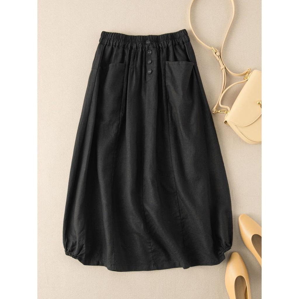 Cotton Linen Women Midi Skirt High-Waist Pockets Buttons Decor Large Hem A-Line Casual Skirt Autumn Solid Color Retro Skirt