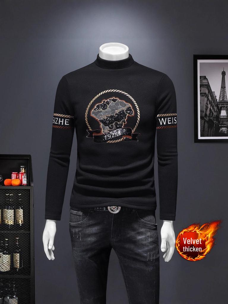 European Station 2025 Autumn/Winter Men's Wool Semi-High Neck Embroidered Sweater - Light Luxury Casual Trend