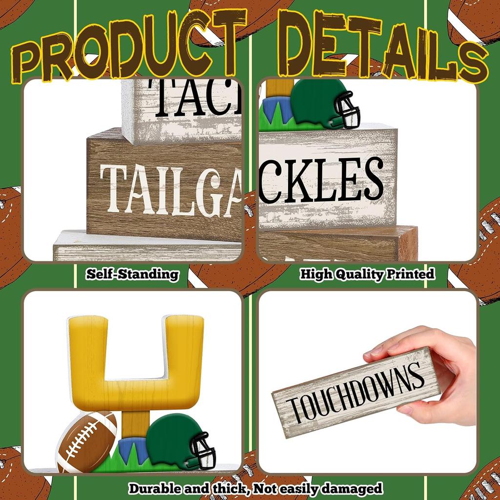 4Pcs Football Table Decorations Football Tiered Tray Decor Sport Game Centerpiece Sign Decorative Rugby Stack Block Gift for Fans Club Tailgate