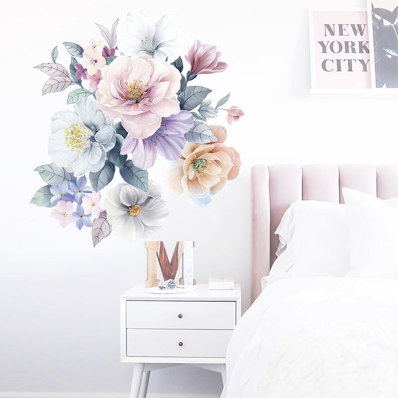 Artistic Watercolor Pink and Blue Flowers Wall Stickers, Bohemian Style Wall Decals for Bedroom Headboard and Hallway Decor