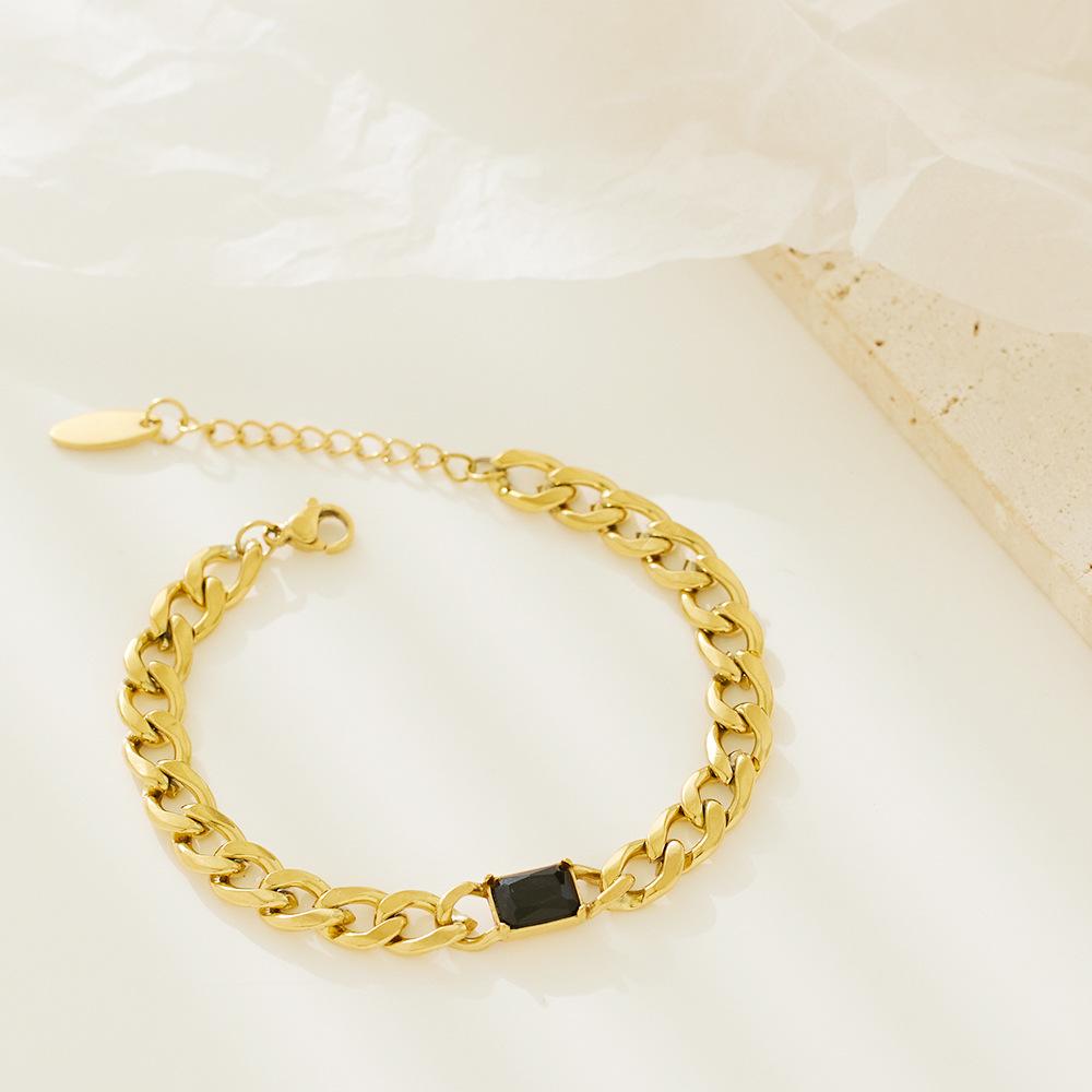 European Retro Colorful Square Diamond Bracelet: 18K Gold-Plated Zirconium Stainless Steel Cuban Chain, Titanium Steel. чёрный