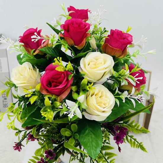 Artificial Roses Flowers 6 Heads Faux Silk Flower Bouquet with Leaves for Bridal Bouquet DIY Arrangement Wedding Party Home Living Room Table Decor