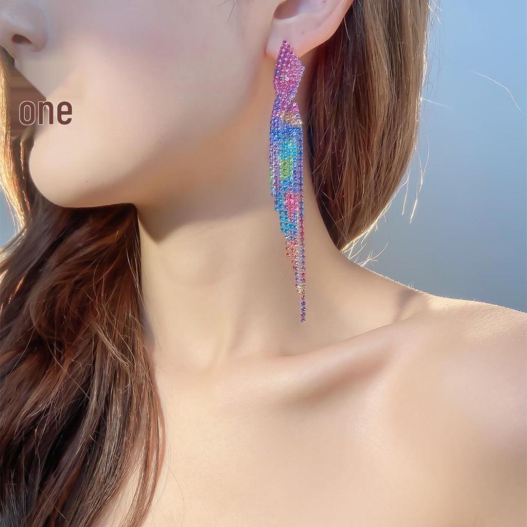 Gradient Rhinestone Chain Tassel Earrings - European & American Runway Style