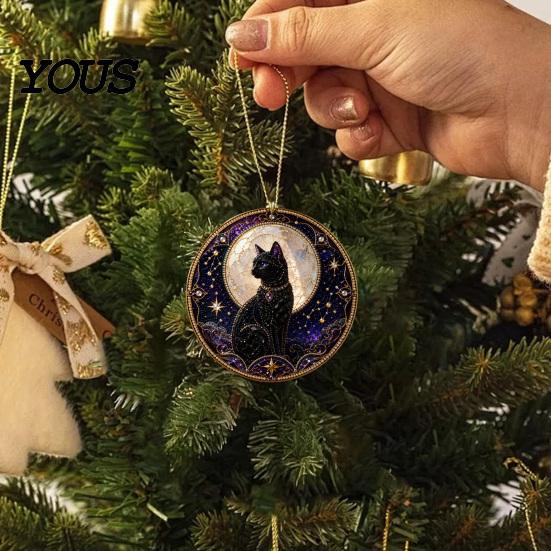 Symbolic Love Keepsake Black Cat Pearl Diamond Art Painting Ornament, 2D Flat Acrylic Cute Piece Hanging Suncatcher, Beaded Pattern Window Wall