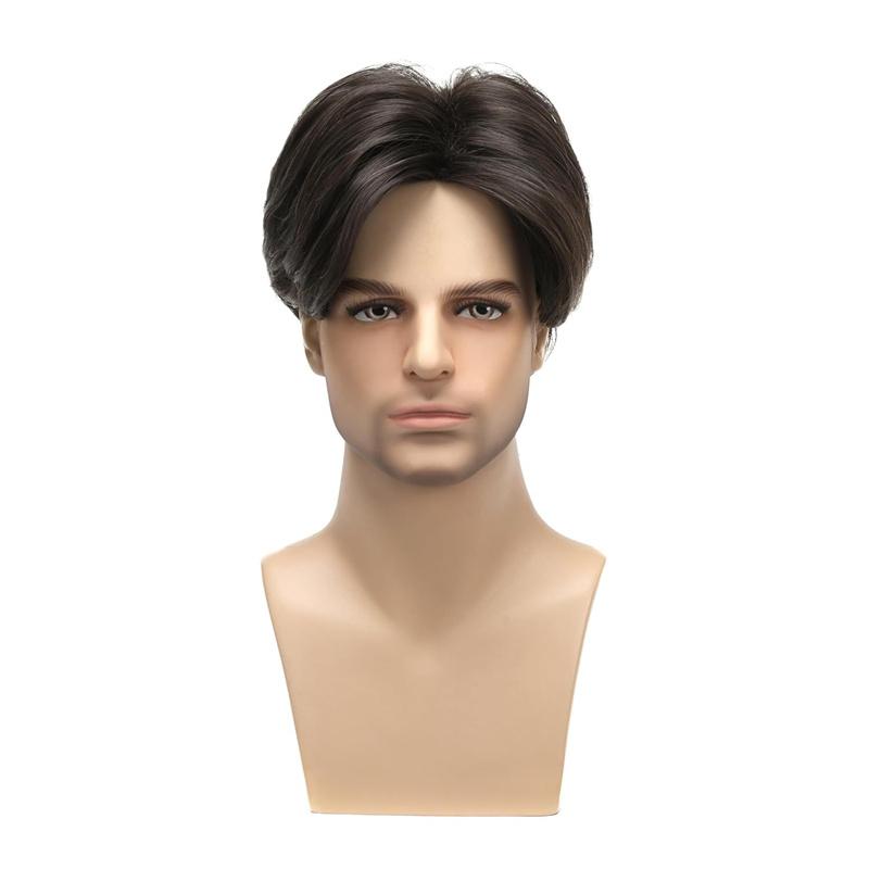 Synthetic Dark Brown Hair Natural Wig for Men Breathable Heat Resistant Cosplay Halloween Short Male Wig with Bangs