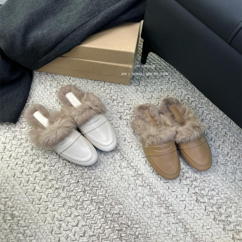 Fleece warm 3cm low-heeled autumn and winter half slippers 2025 new square head fluffy shoes women's leather flat-soled rabbit fur shoes