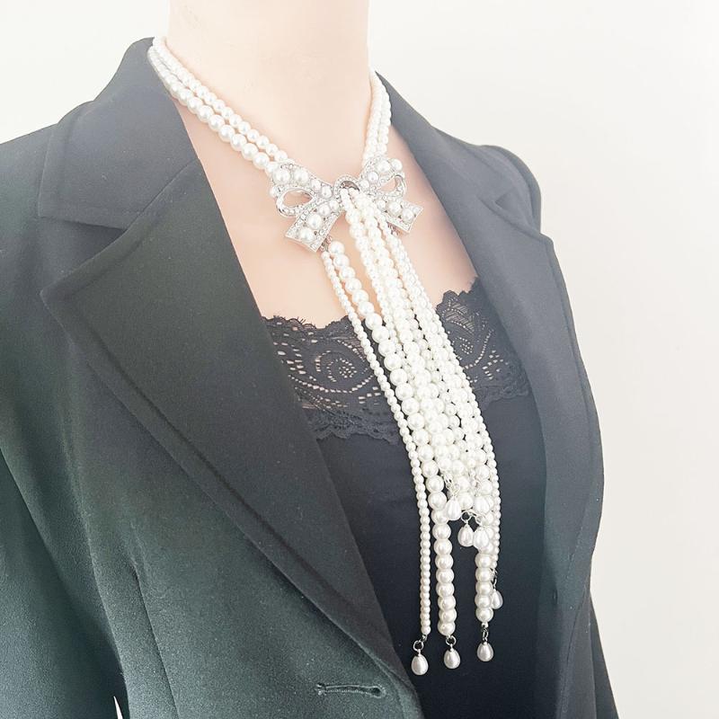 Light Luxury High-End Full Diamond Bow Pearl Tassel Necklace Banquet Runway Dress Accessories For Women Gift